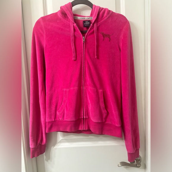 SOLD! Victoria's Secret PINK Bling Sequin LOVE PINK Logo Velour Full Zip Hoodie - Picture 1 of 16